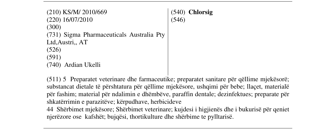 Zëri i markës Chlorsig në buletin
