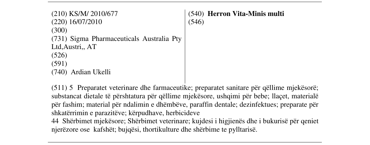 Zëri i markës Herron Vita-Minis multi në buletin