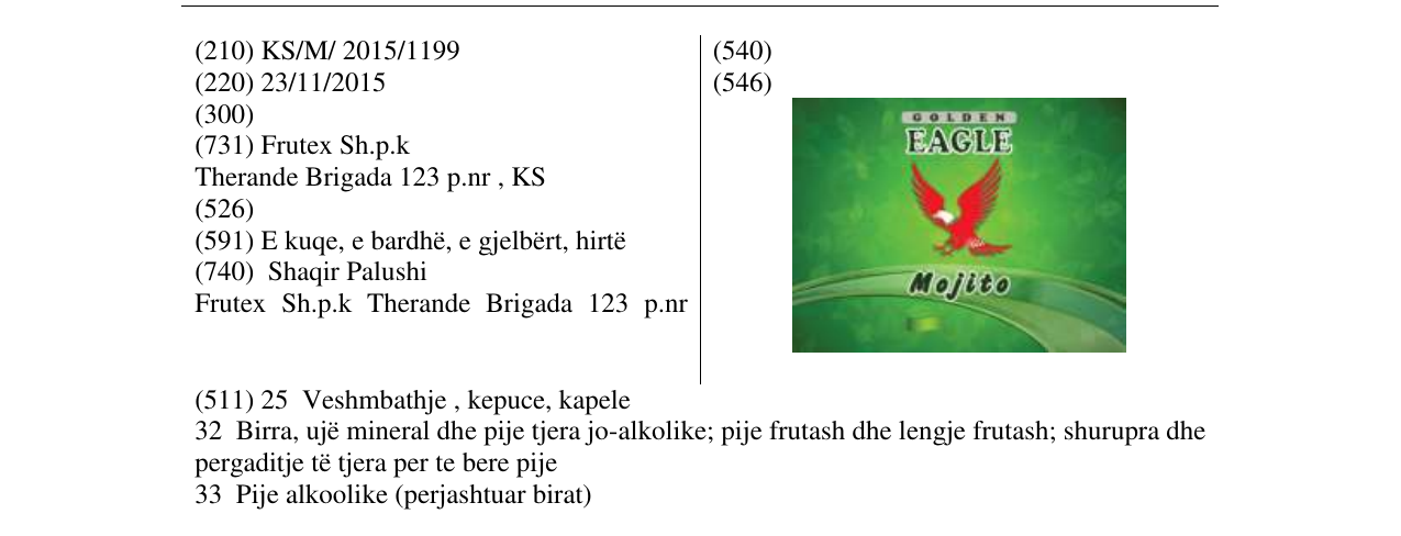 Zëri i markës GOLDEN EAGLE Mojito në buletin