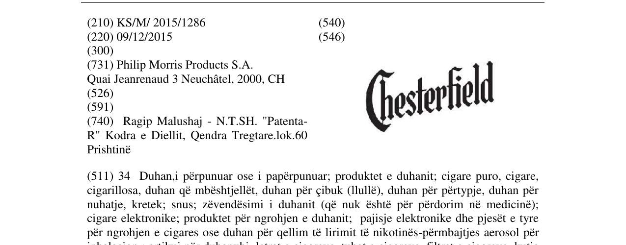 Zëri i markës Chesterfield në buletin