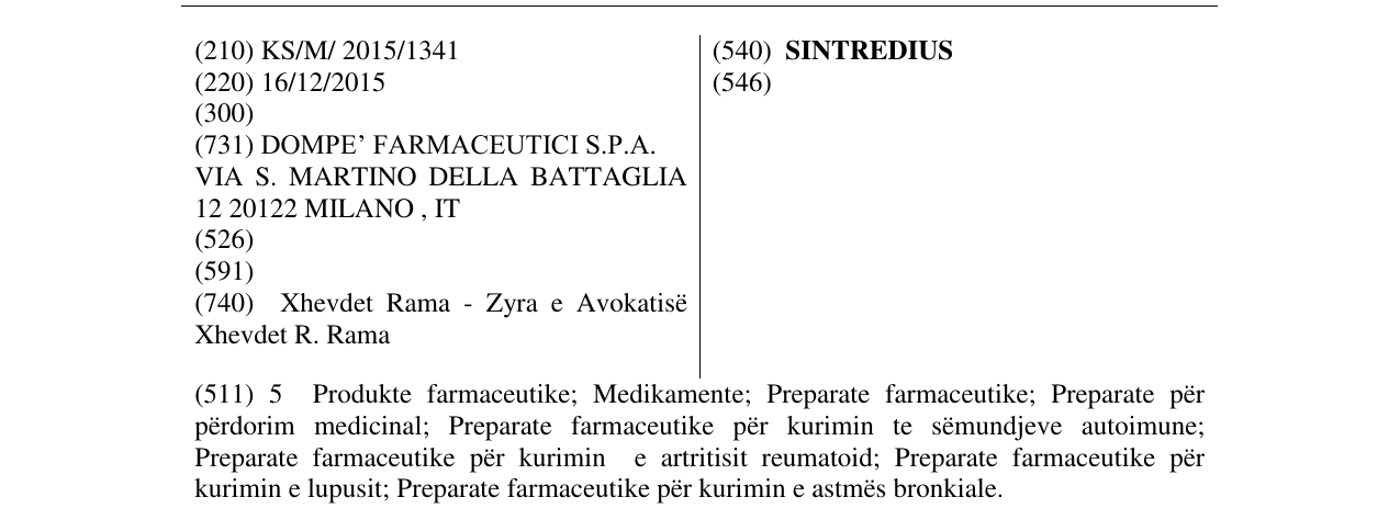 Zëri i markës SINTREDIUS në buletin