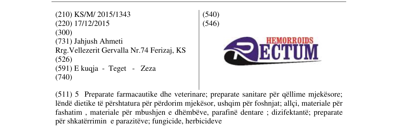 Zëri i markës HEMORROIDS RECTUM në buletin