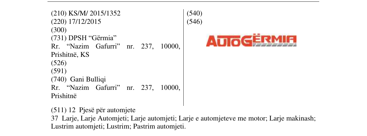 Zëri i markës AUTO GËRMIA në buletin