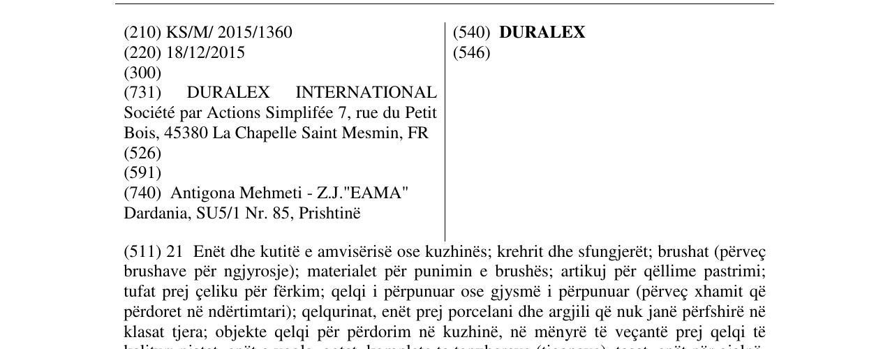 Zëri i markës DURALEX në buletin