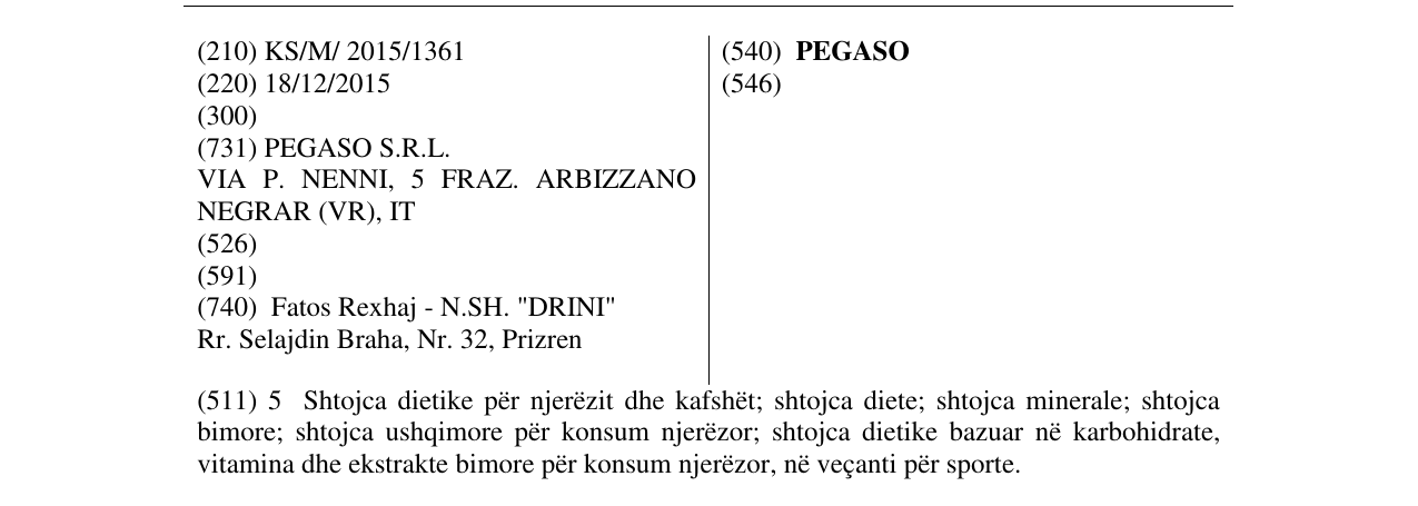 Zëri i markës PEGASO në buletin