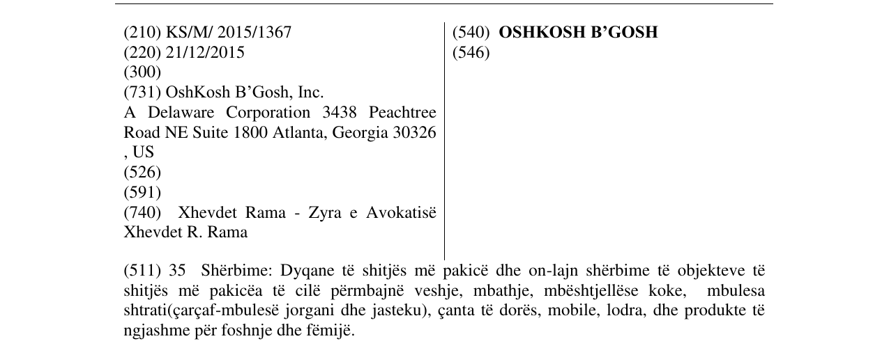 Zëri i markës OSHKOSH B’GOSH në buletin