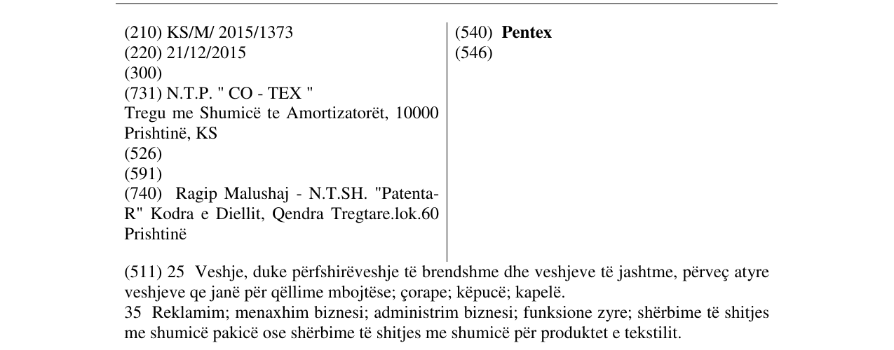 Zëri i markës Pentex në buletin