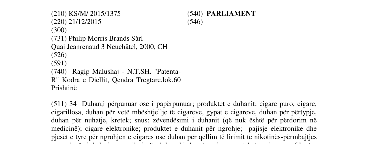 Zëri i markës PARLIAMENT në buletin