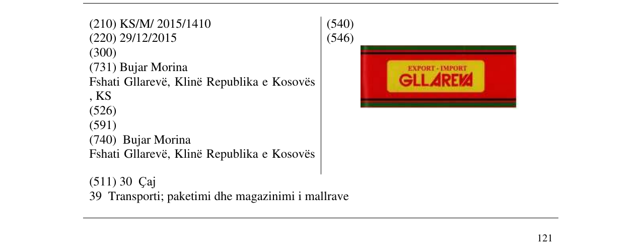 Zëri i markës GLLAREVA CAJ në buletin