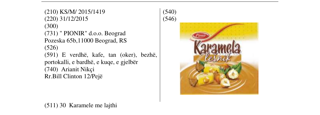 Zëri i markës Pionir Karamela lesnik në buletin