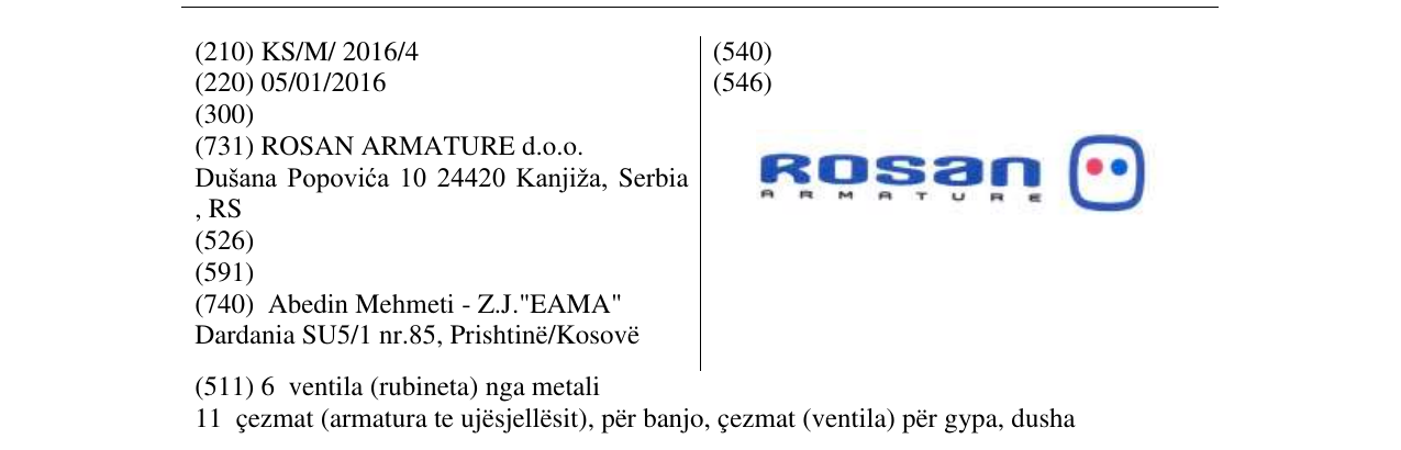 Zëri i markës ROSAN ARMATURE në buletin