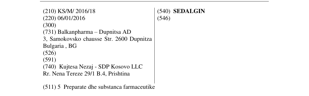 Zëri i markës SEDALGIN në buletin