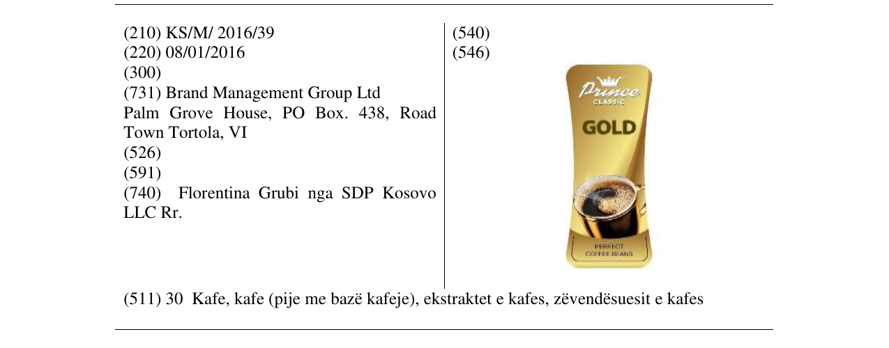 Zëri i markës Prince CLASSIC GOLD në buletin