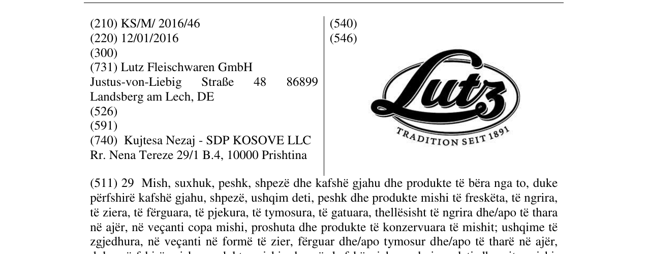 Zëri i markës Lutz TRADITION SEIT 1891 në buletin