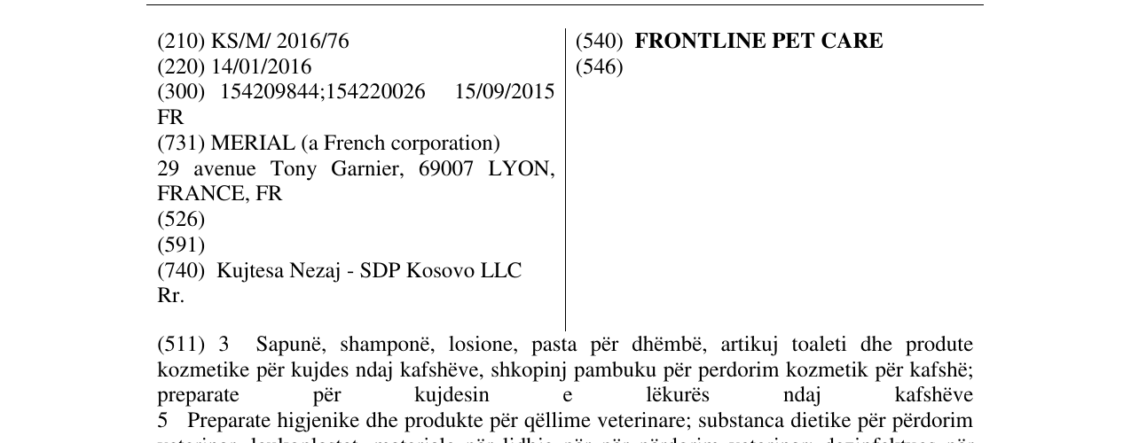 Zëri i markës FRONTLINE PET CARE në buletin