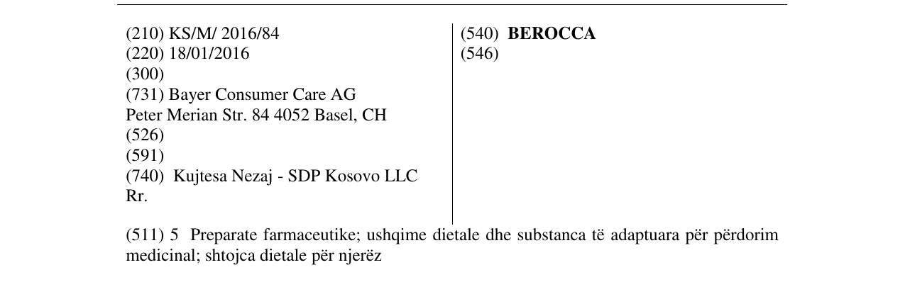 Zëri i markës BEROCCA në buletin