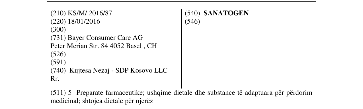 Zëri i markës SANATOGEN në buletin