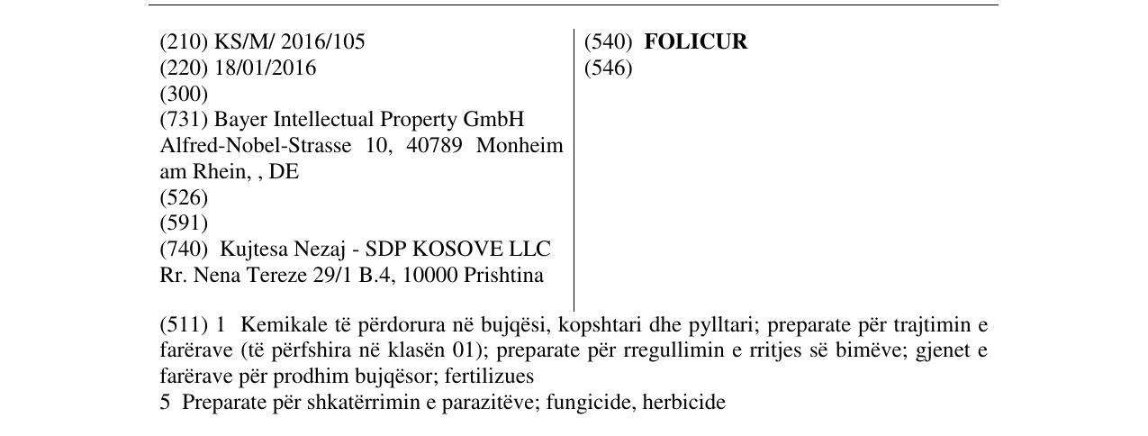 Zëri i markës FOLICUR në buletin