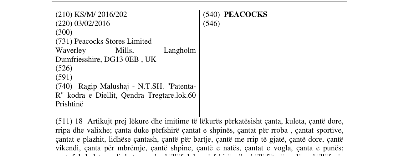 Zëri i markës PEACOCKS në buletin