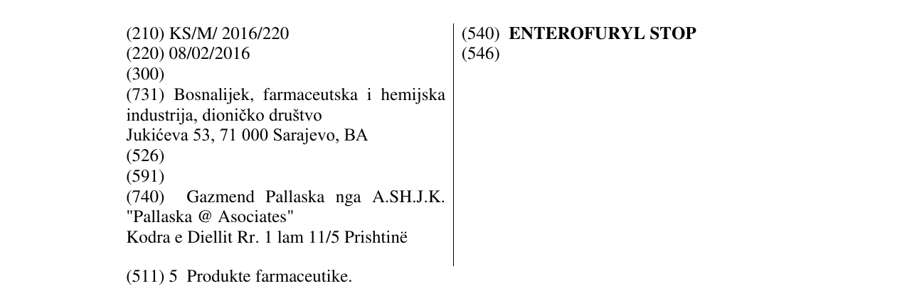 Zëri i markës ENTEROFURYL STOP në buletin