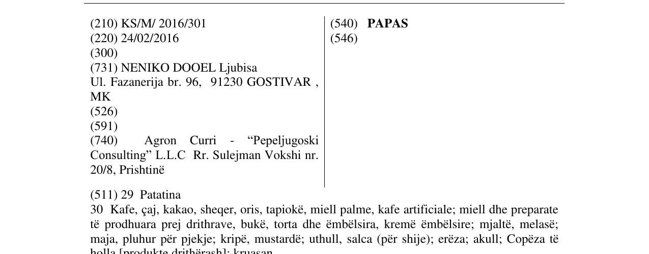 Zëri i markës PAPAS në buletin