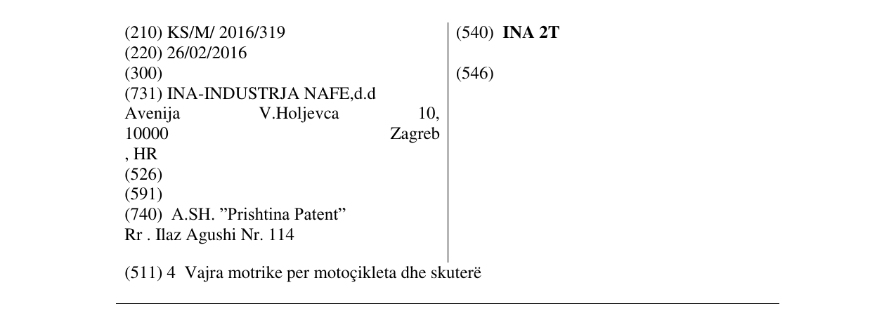Zëri i markës INA 2T në buletin