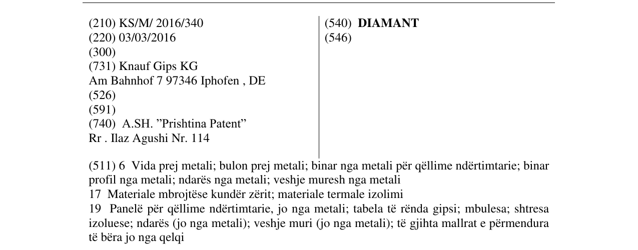 Zëri i markës DIAMANT në buletin