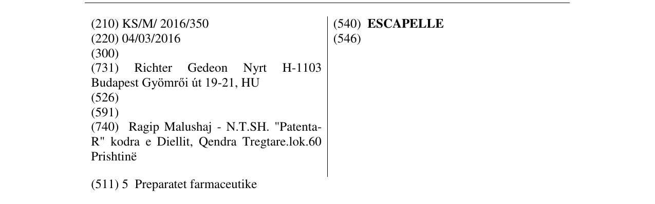 Zëri i markës ESCAPELLE në buletin