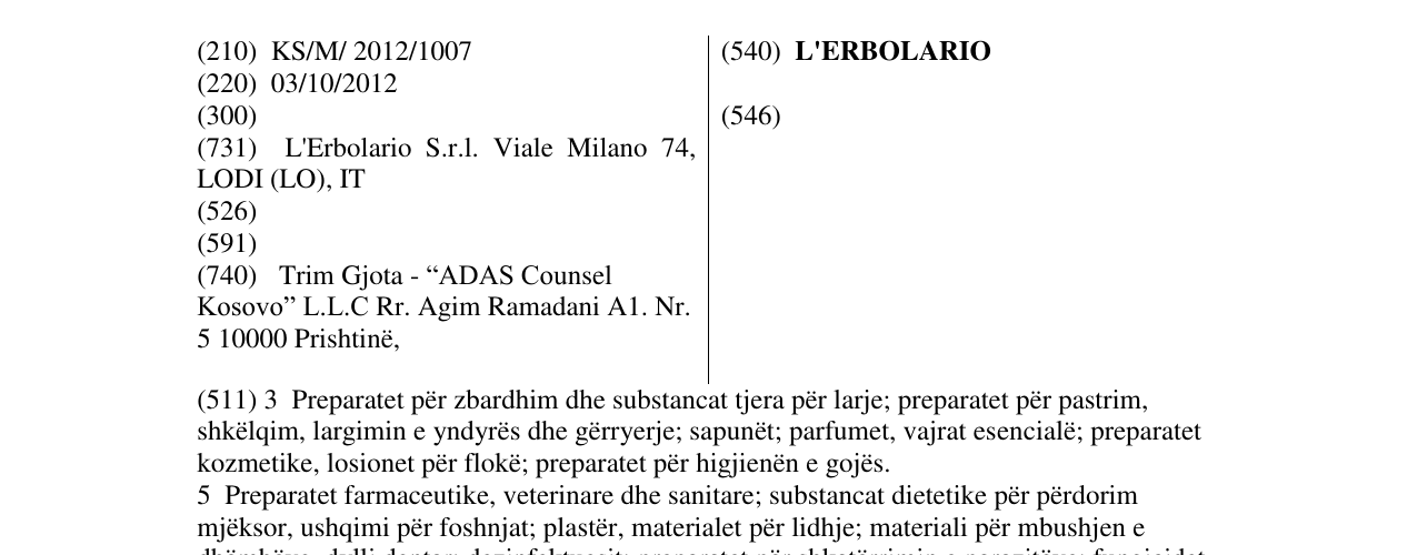 Zëri i markës L'ERBOLARIO në buletin