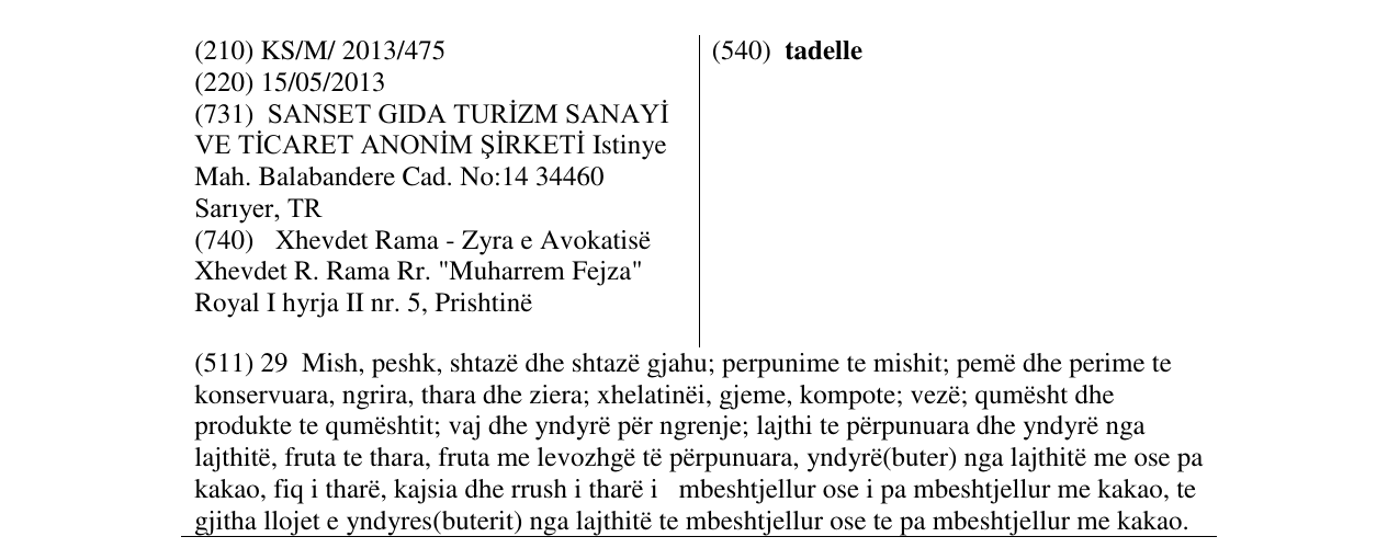 Zëri i markës tadelle në buletin