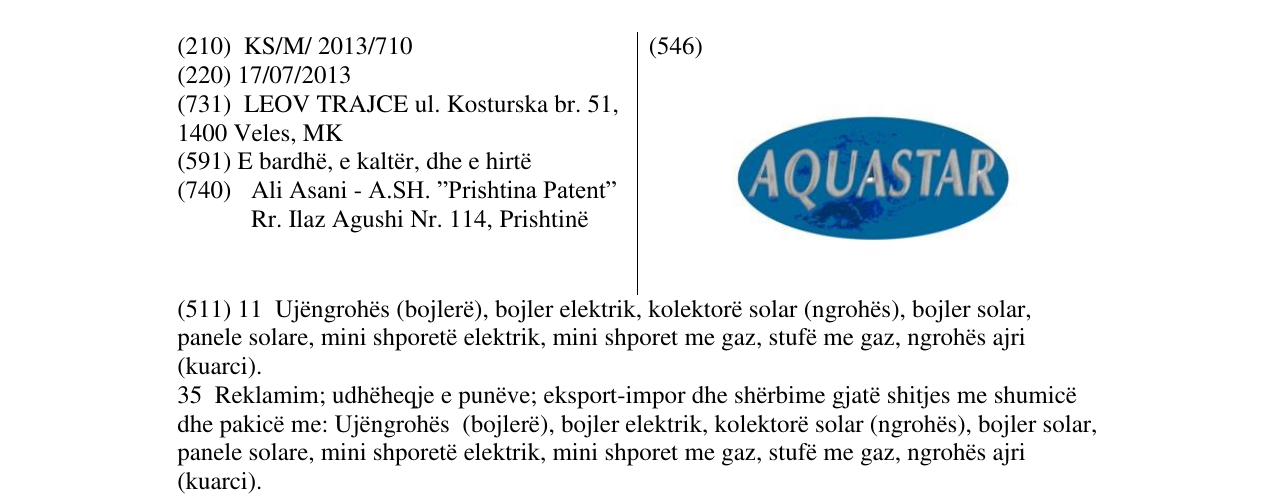 Zëri i markës AQUASTAR në buletin