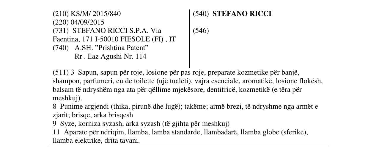 Zëri i markës STEFANO RICCI në buletin