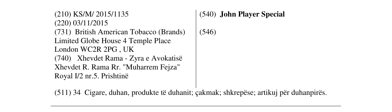 Zëri i markës John Player Special në buletin