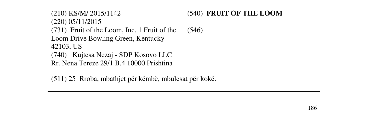 Zëri i markës FRUIT OF THE LOOM në buletin