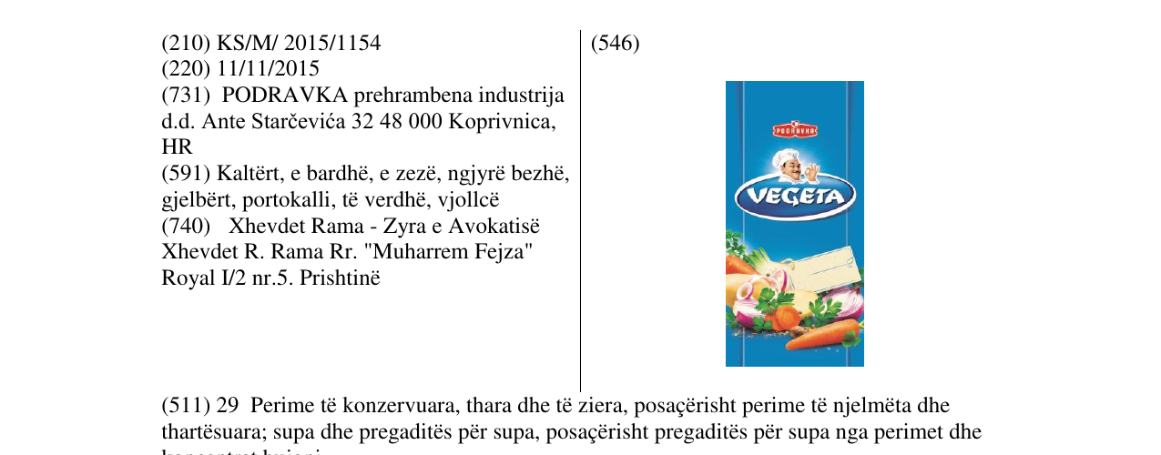 Zëri i markës VEGETA PODRAVKA në buletin