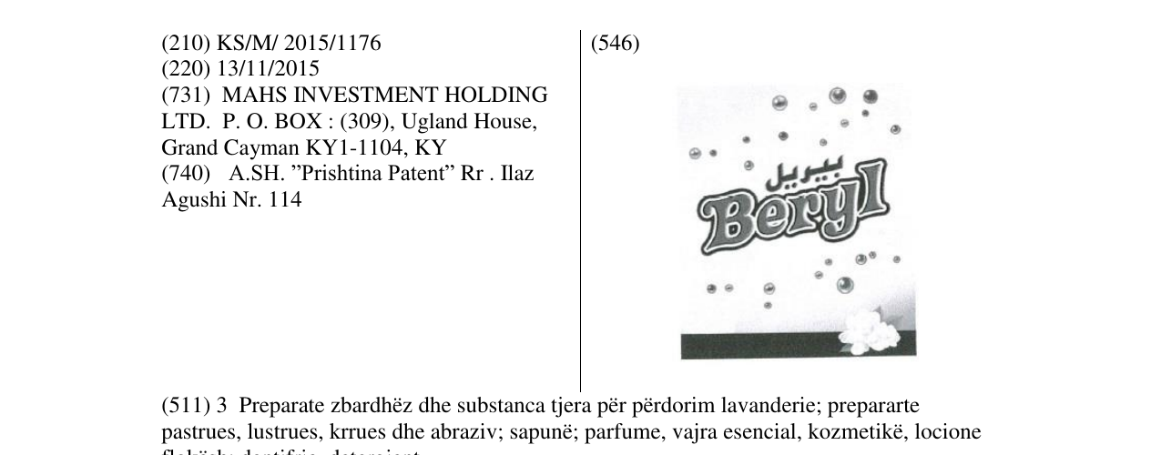 Zëri i markës Beryl në buletin