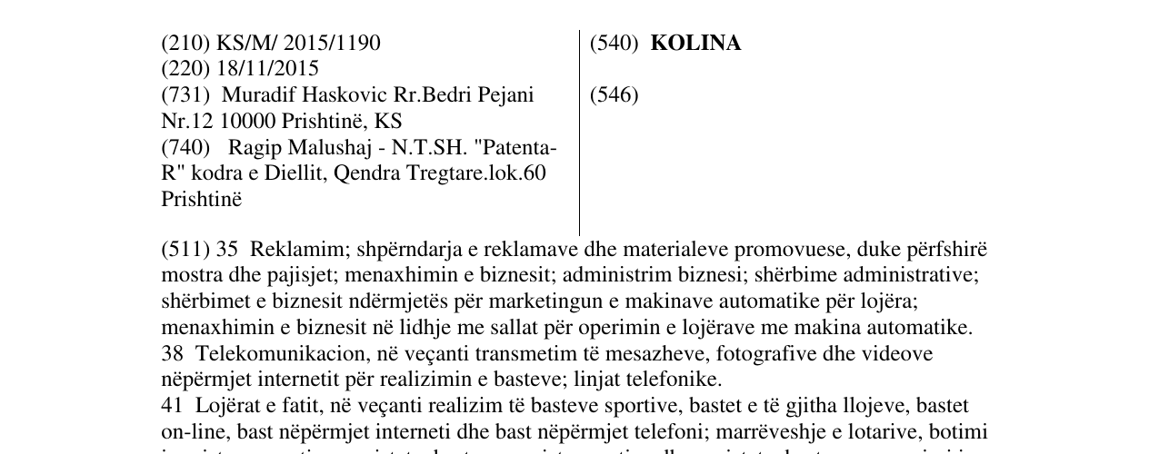 Zëri i markës KOLINA në buletin