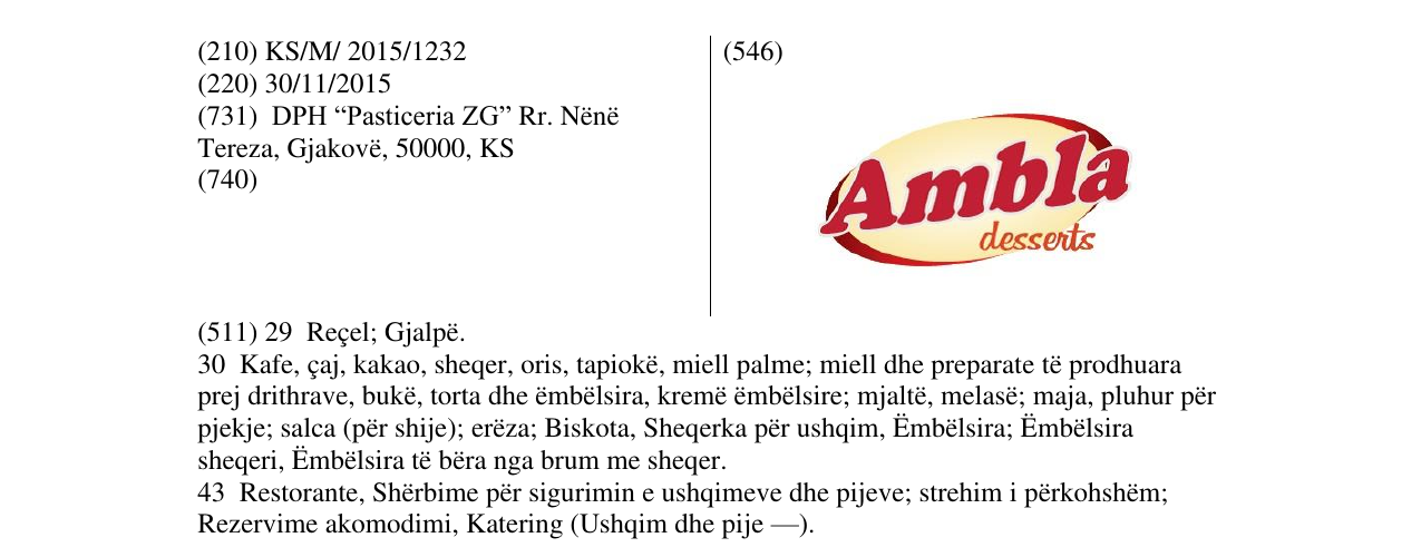 Zëri i markës Ambla desserts në buletin