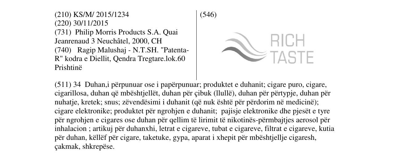 Zëri i markës RICH TASTE në buletin