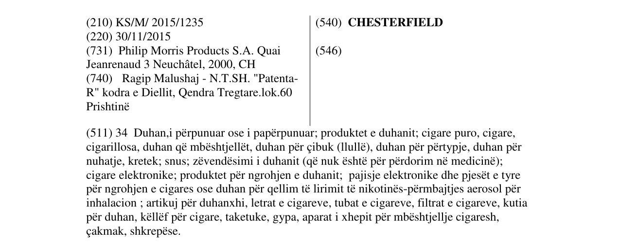 Zëri i markës CHESTERFIELD në buletin