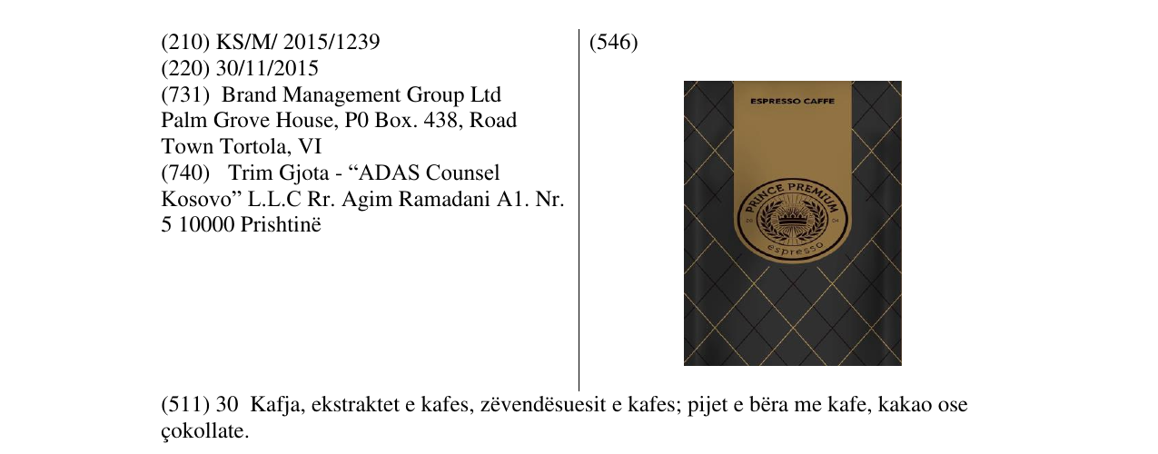 Zëri i markës PRINCE PREMIUM ESPRESSO CAFFE në buletin