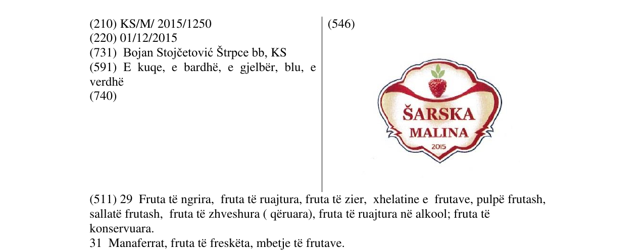 Zëri i markës SARSKA MALINA në buletin