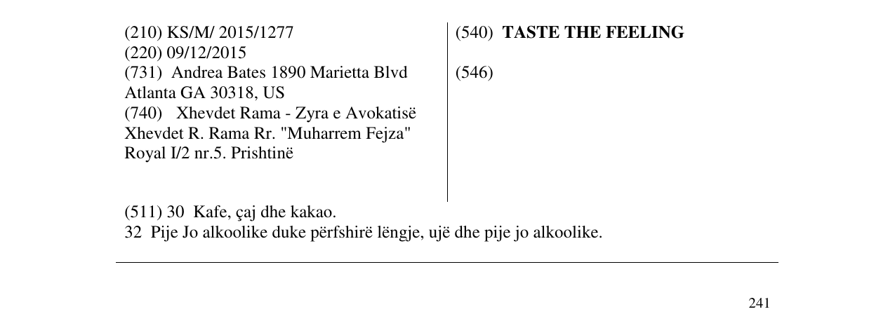 Zëri i markës TASTE THE FEELING në buletin