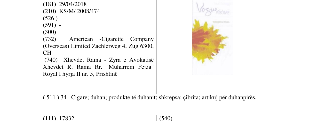 Zëri i markës VOGUE AROME TERRASSE AU SOLEIL (LABEL) në buletin