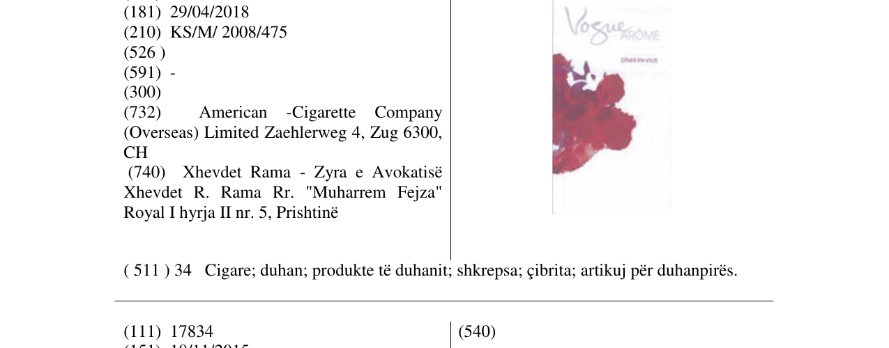 Zëri i markës VOUGE AROME DINER EN VILLE (LABEL) në buletin