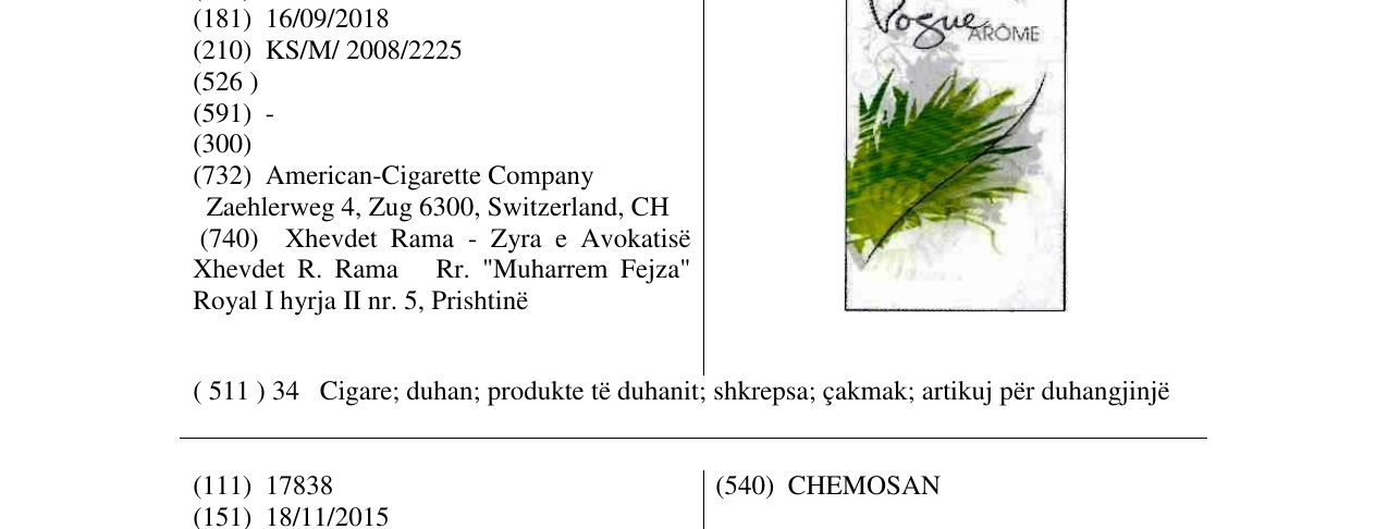 Zëri i markës Vogue Arome (Label) në buletin