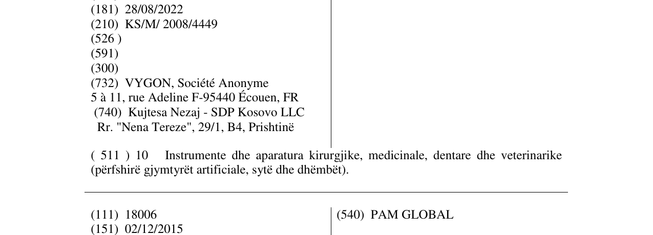 Zëri i markës VYGON në buletin