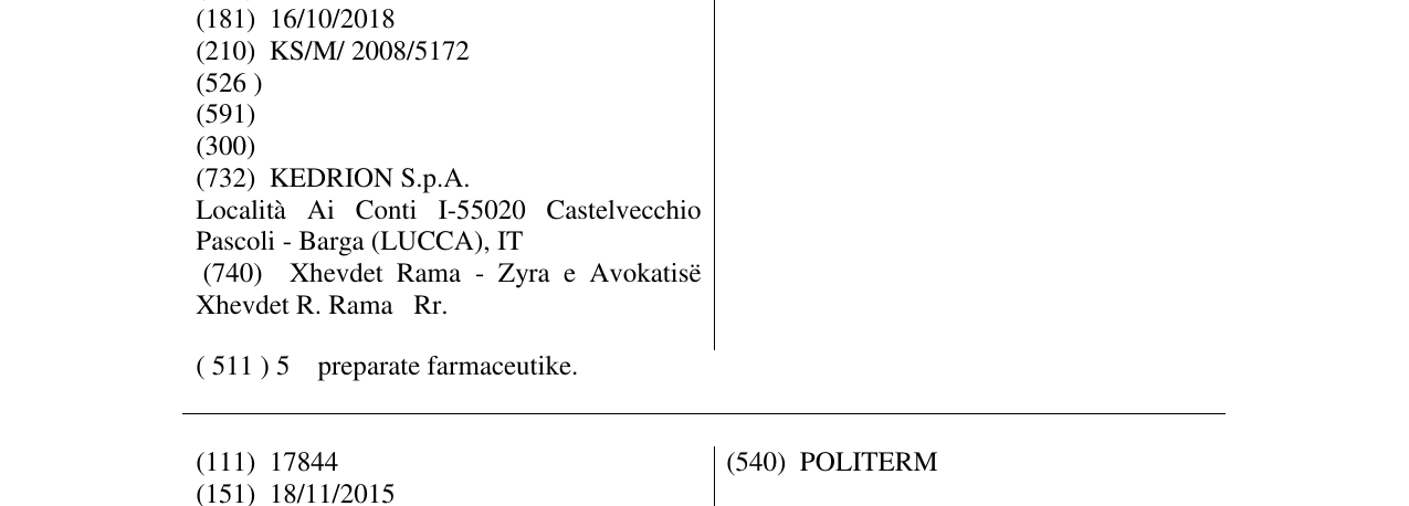 Zëri i markës TETANUS GAMMA në buletin