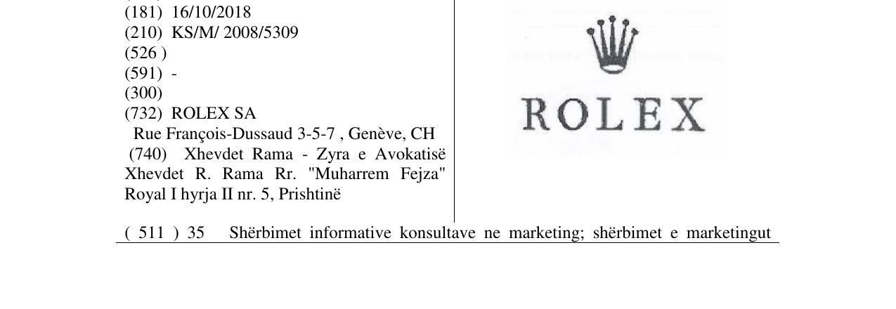 Zëri i markës ROLEX në buletin