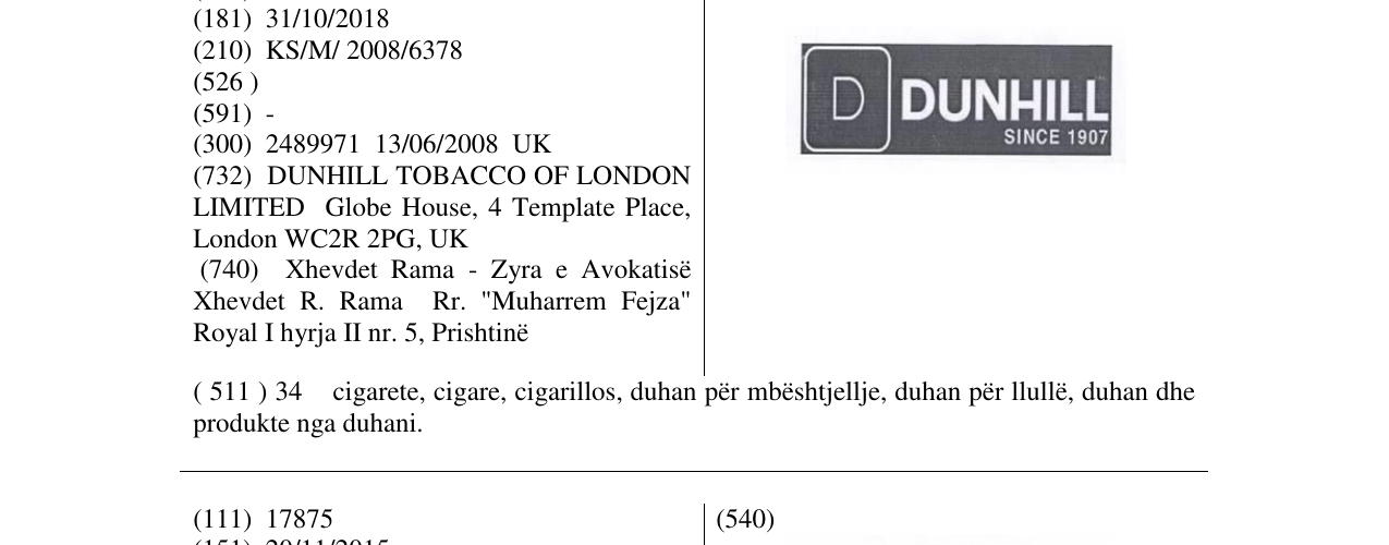 Zëri i markës DUNHILL në buletin